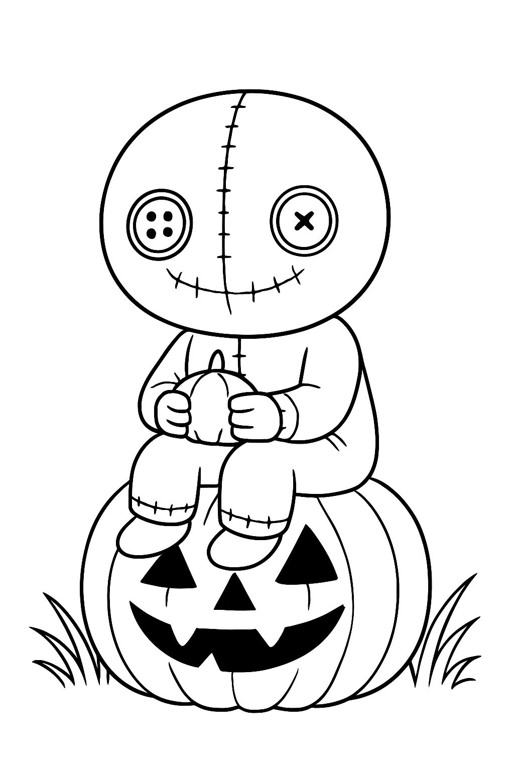 Cartoonish Halloween Character on Pumpkin Line Art Coloring Book Pages