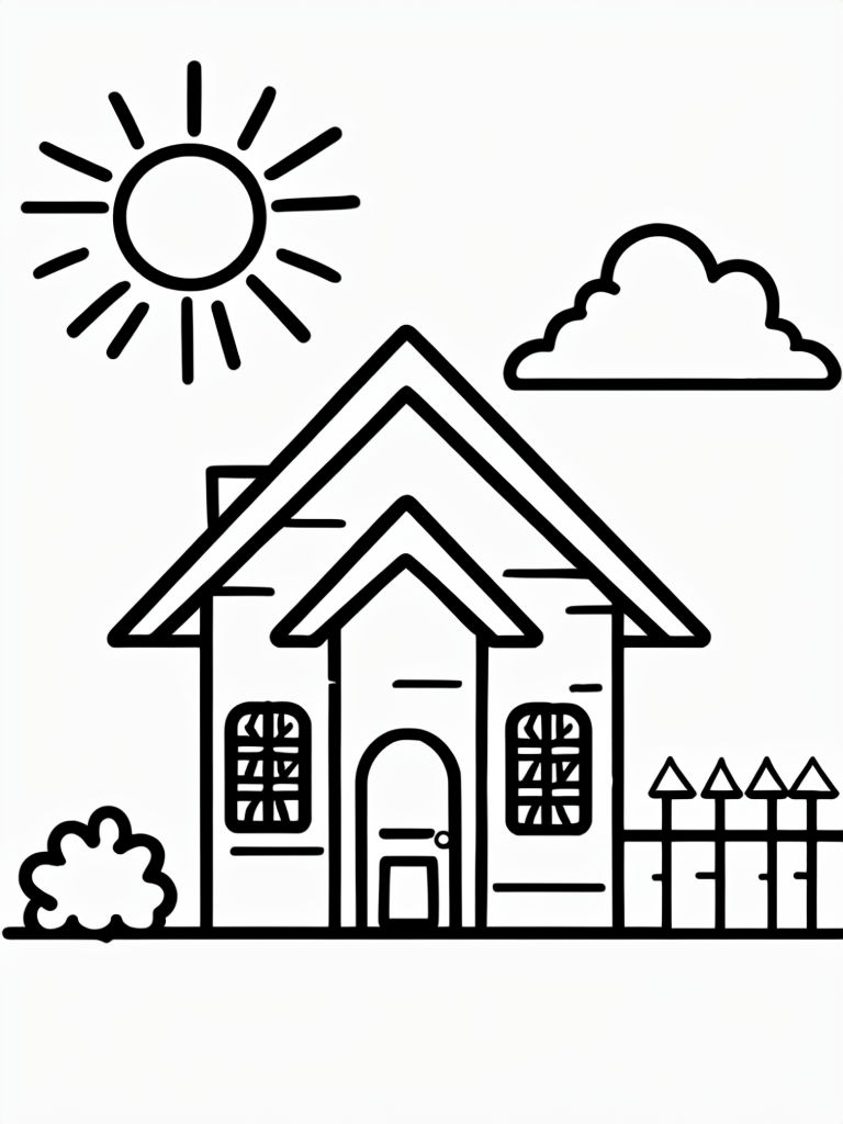 Cheerful Cartoon House Illustration with Sun and Fence Coloring Book Pages