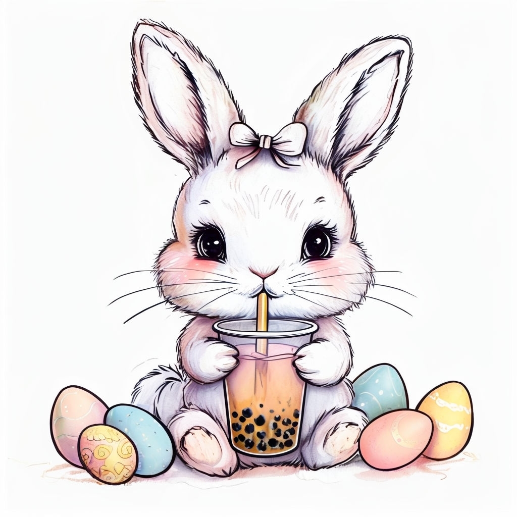 Cute Bunny Sipping Boba Tea with Pastel Easter Eggs Mug