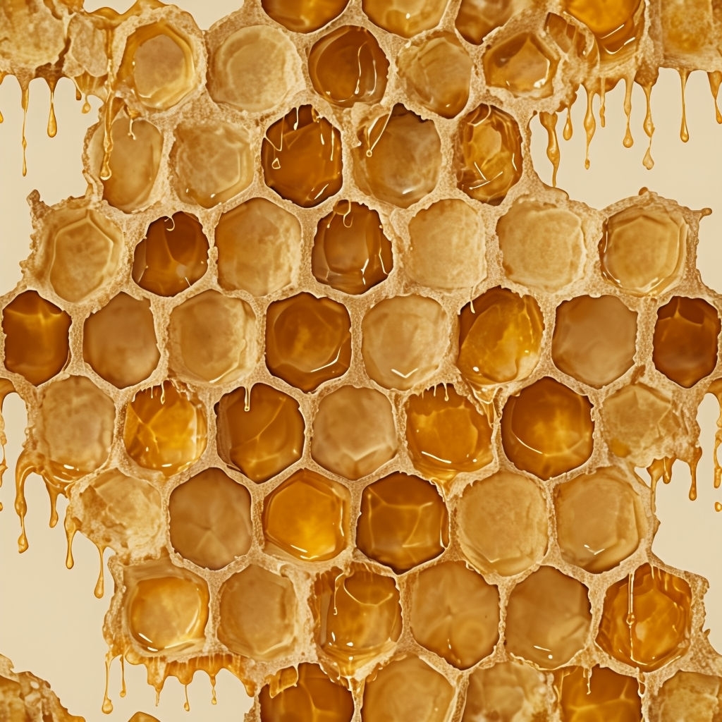 Realistic Honeycomb Pattern with Dripping Golden Honey Seamless Pattern