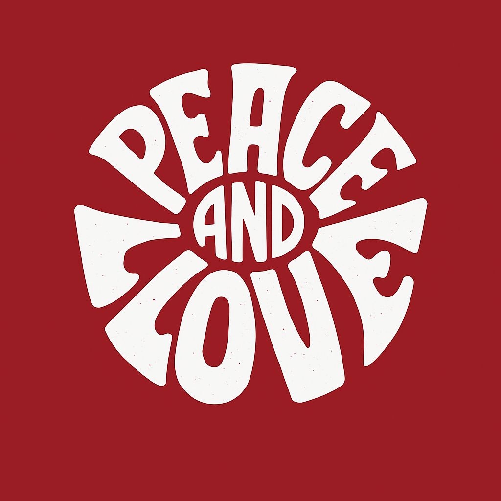 Retro Peace and Love Typography on Bold Red T-Shirt
