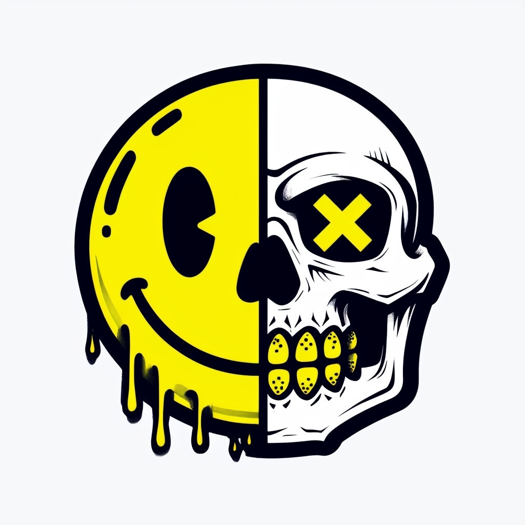 Bold Split-Face Smiley and Skull Cartoon Design Mug
