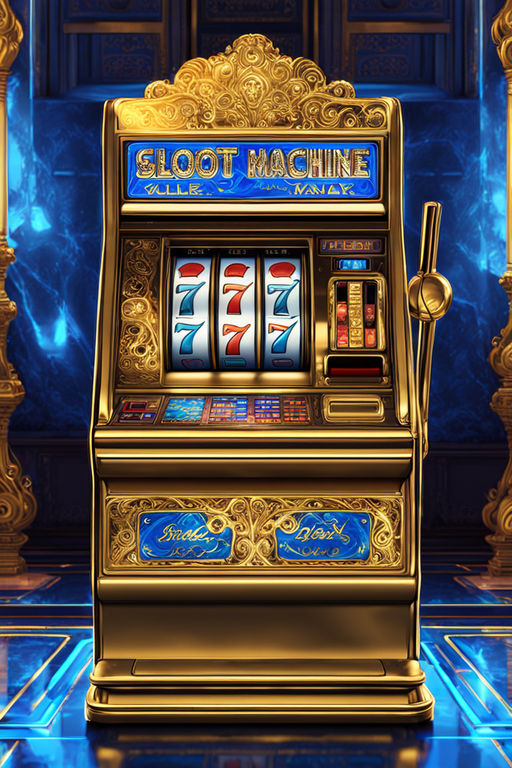 Slot machine encased in intricate gold filigree, buttons glowing with an electric blue hue, lined up in a row, background of a high-stakes casino floor teeming with patrons, neon lights reflecting off polished marble floors, contrast of opulent gold against the vibrant casino chaos, digital painting, ultra realistic, cinematic lighting