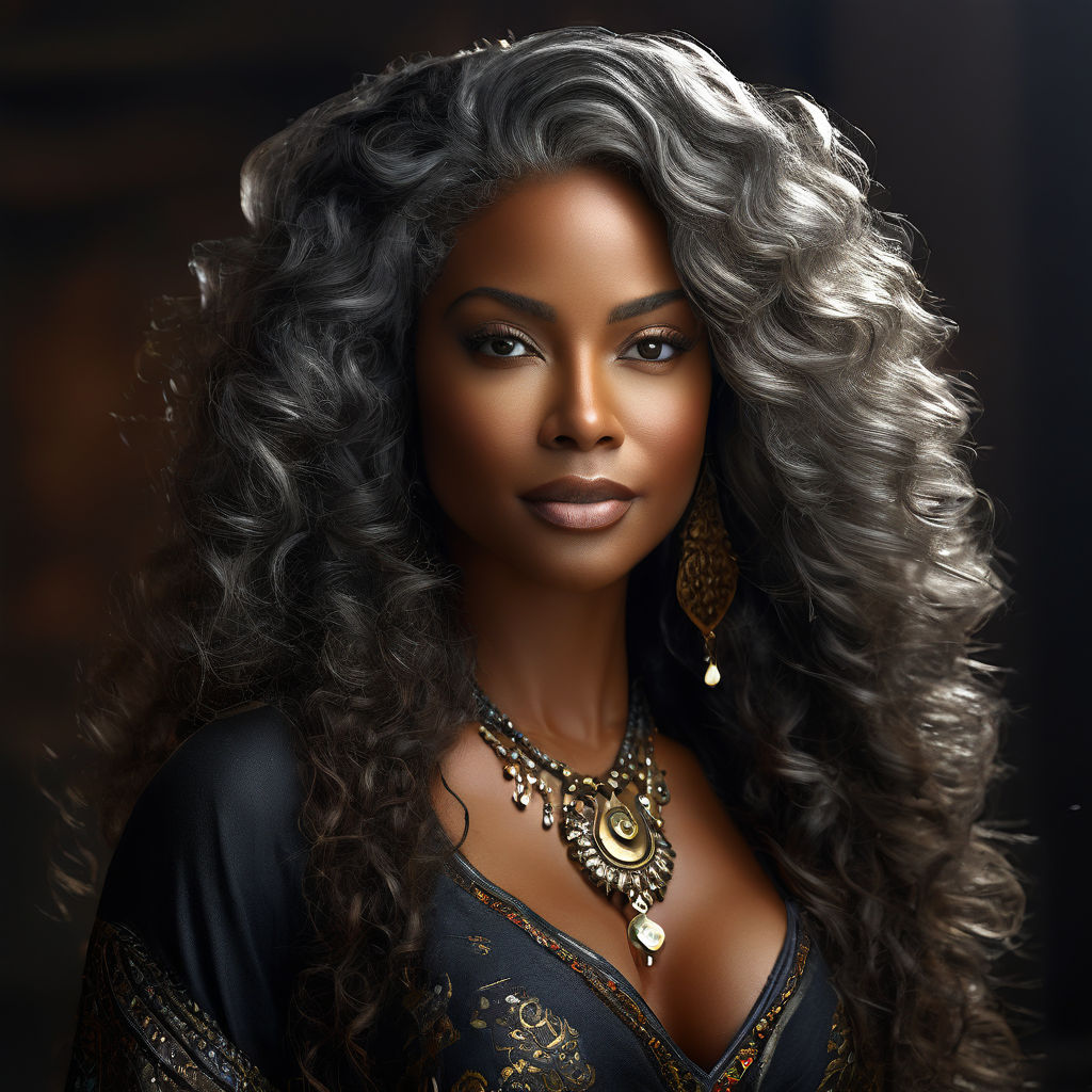 mocha ebony skin older woman with big wavy curly hair