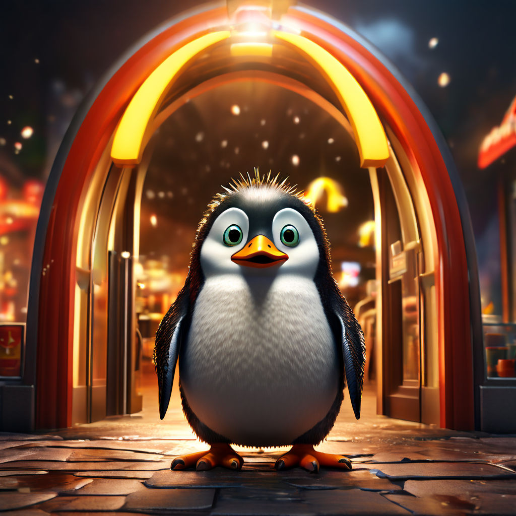 Percy (penguin) pushing open the door of McDonald's and wadd... by Red