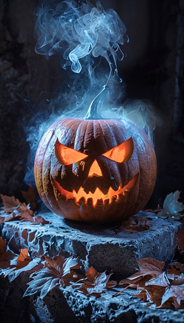 Vividly Carved Jack-O'-Lantern Surrounded by Autumn Leaves Mobile Wallpaper