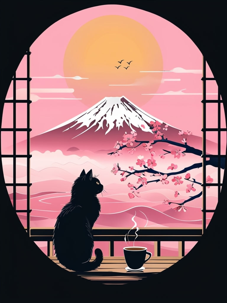 Tranquil Japanese Landscape with Cat and Mount Fuji Poster