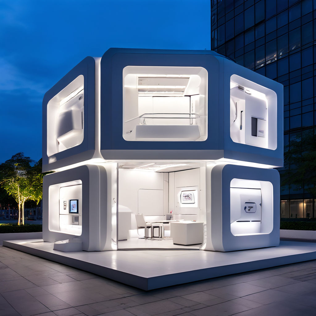 Outside view of indoor white futuristic escape room with mul... by