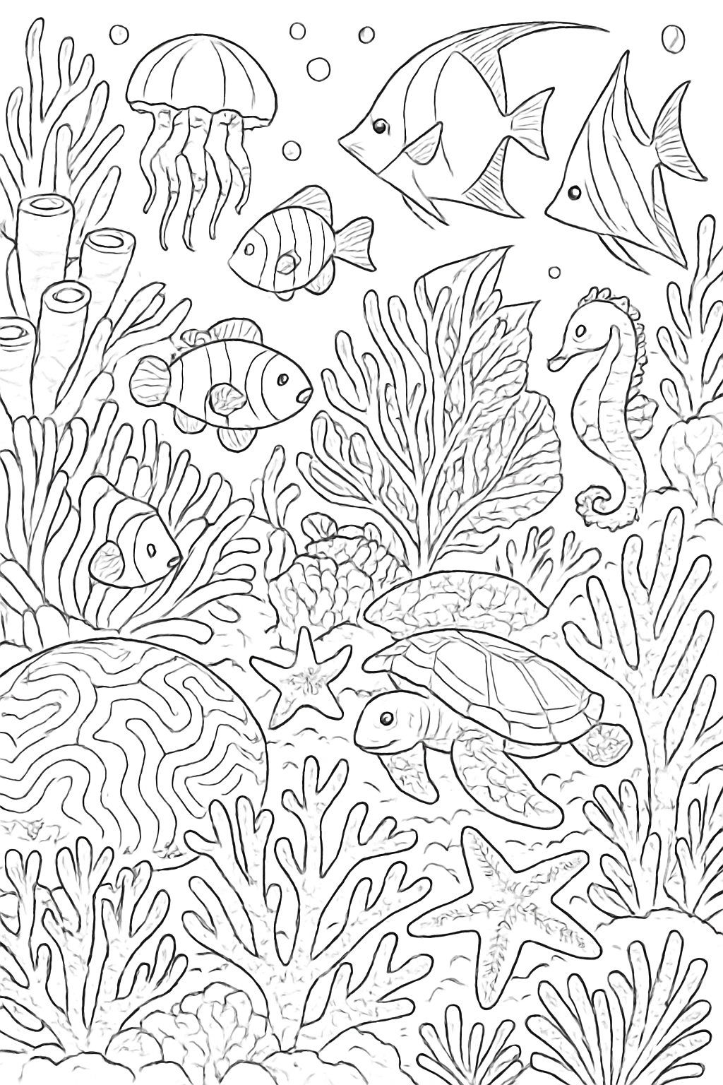 Intricate Underwater Marine Life Line Drawing Coloring Page