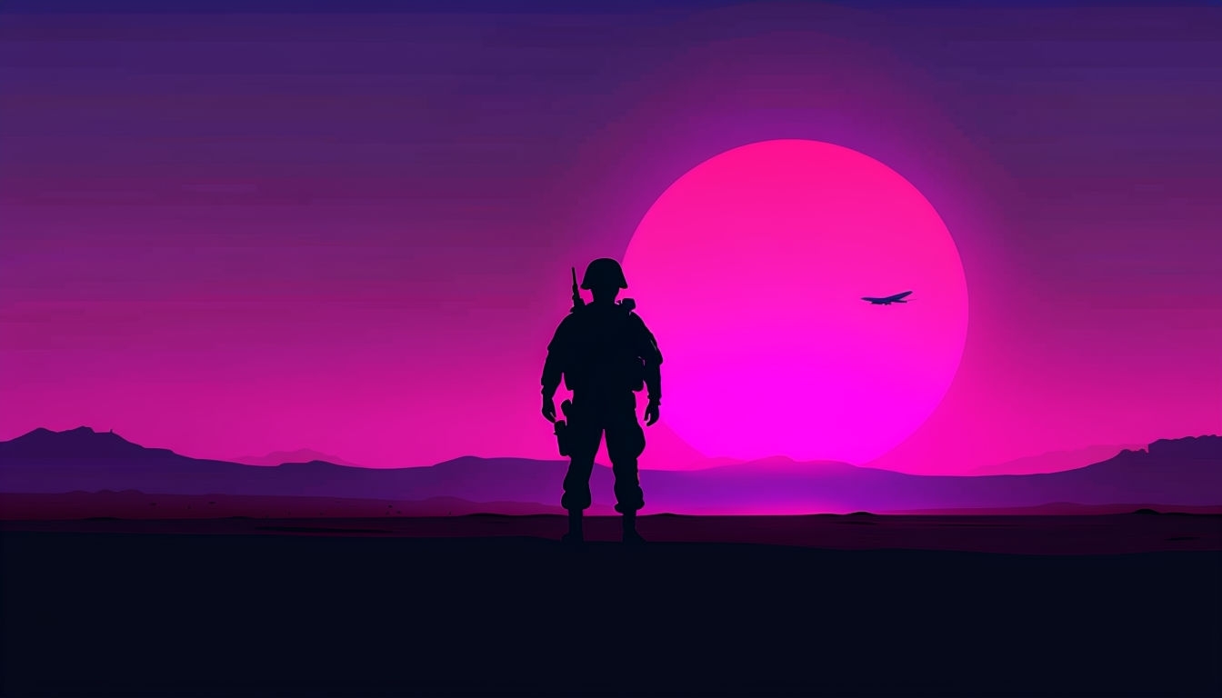 Dramatic Soldier Silhouette Against Magenta Sky Virtual Backgrounds