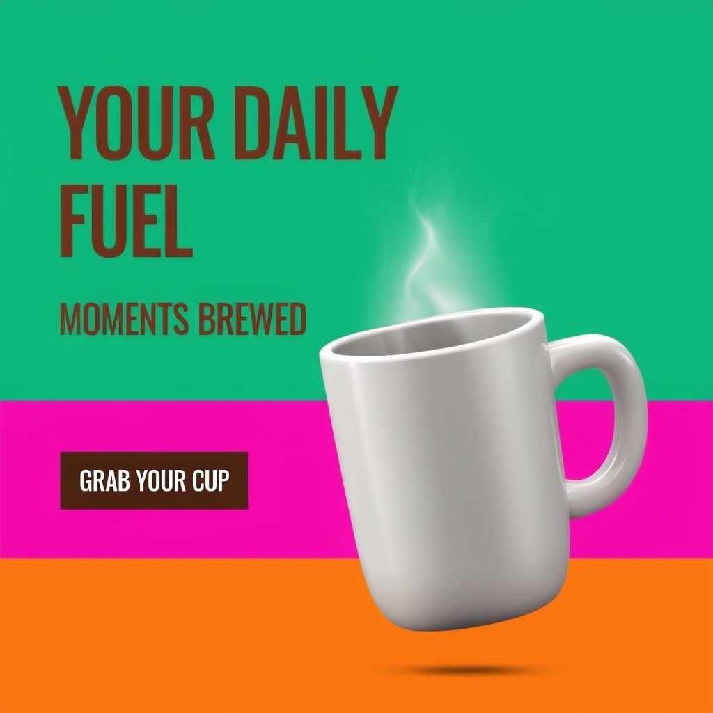 Stylish Coffee Mug Advertisement with Bold Stripes and Call-to-Action Ads