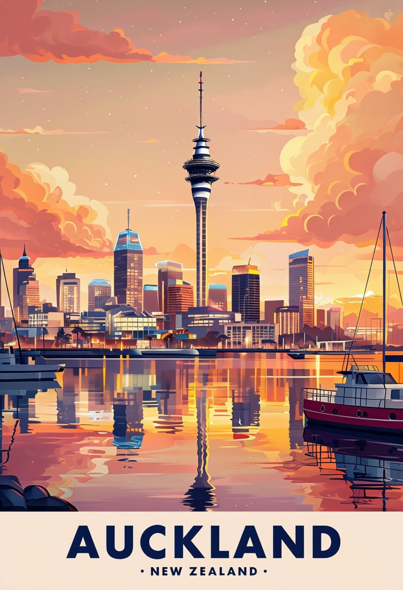 Stunning Auckland Cityscape at Sunset Illustration Poster