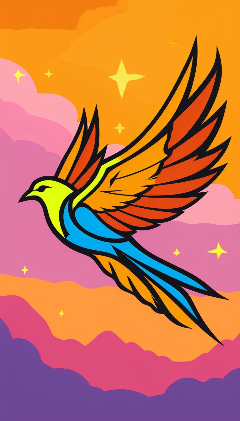 Vibrant Stylized Bird Illustration Against Dramatic Sky Mobile Wallpaper