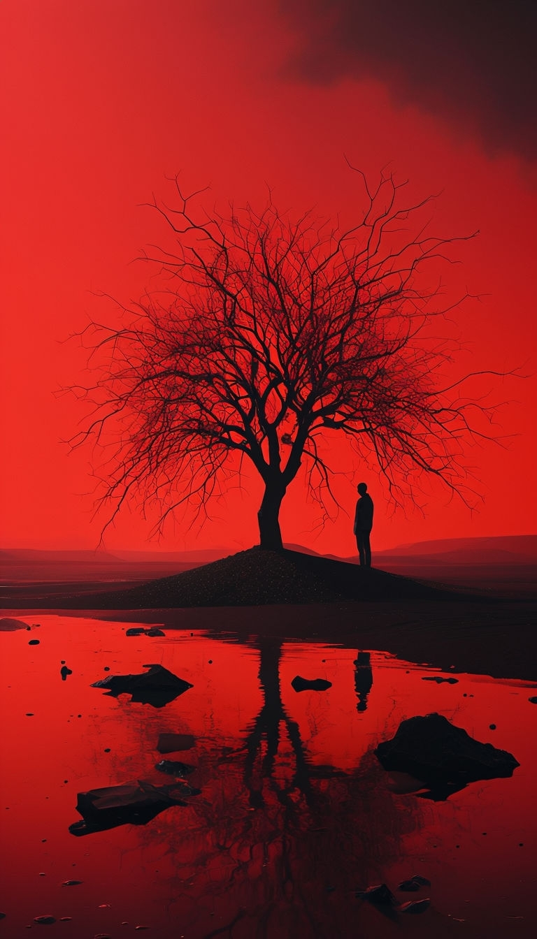 Solitary Tree in Red Surreal Landscape Digital Art Mobile Wallpaper