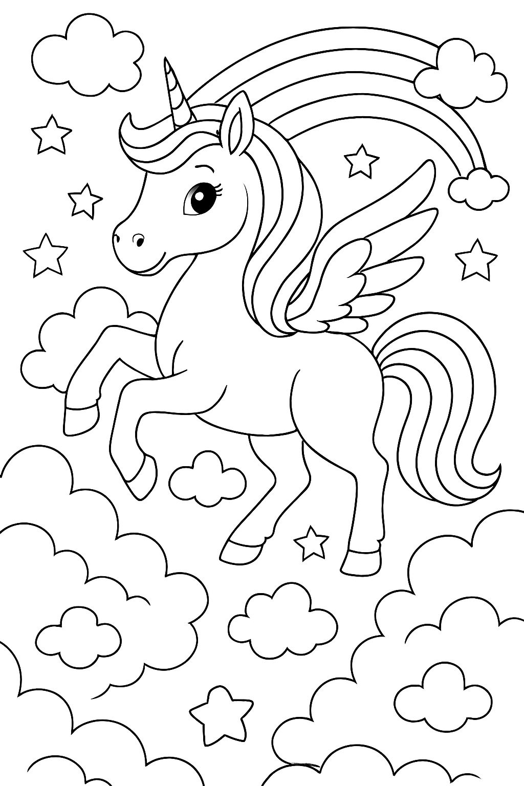 black-and-white line art illustration of a unicorn