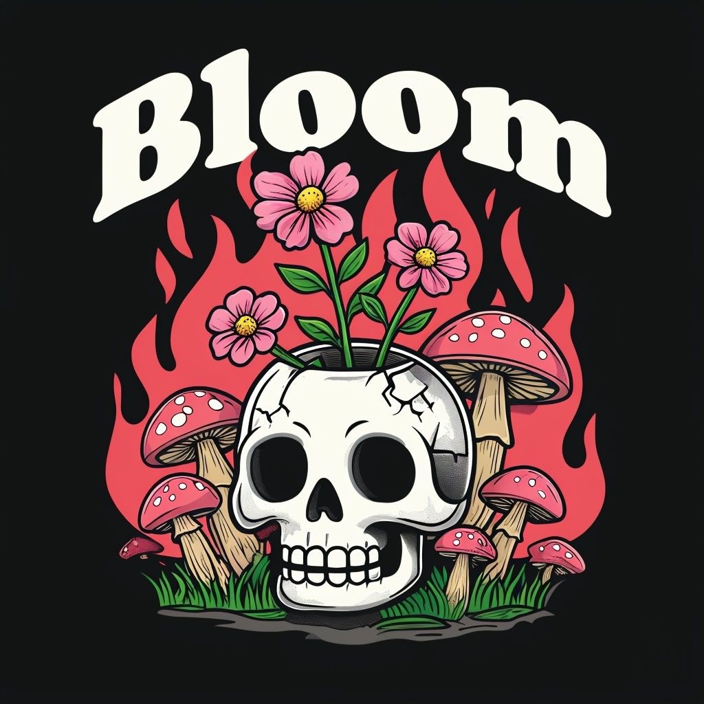 Blooming Skull with Flowers and Mushrooms Spotify Album Cover