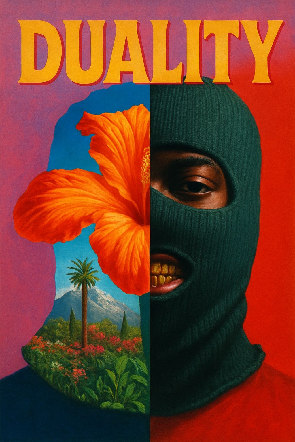 Surrealistic Duality Artwork Featuring Face and Hibiscus Flower Poster