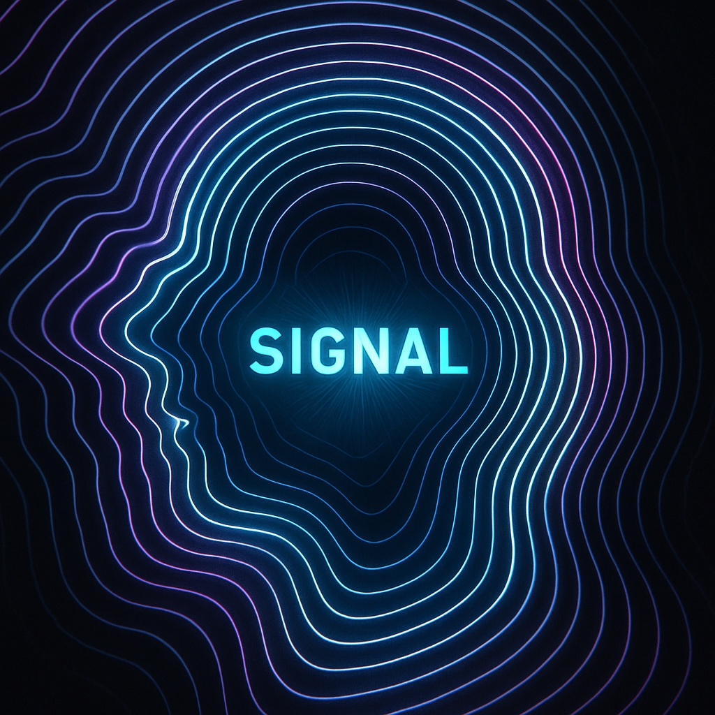 Futuristic Neon Signal Head Silhouette Album Cover Art