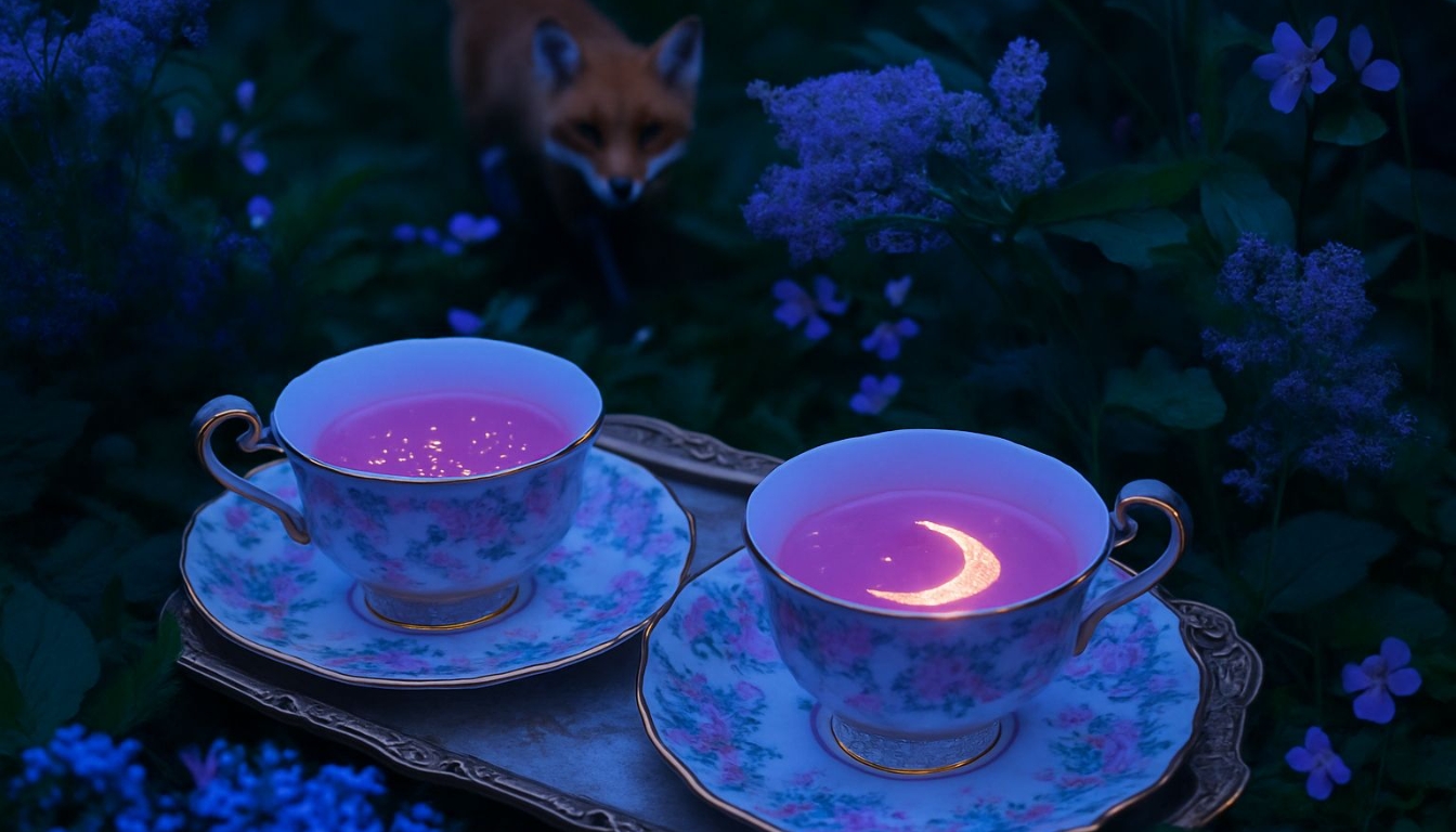 Whimsical Mystical Garden with Glowing Teacups Virtual Backgrounds