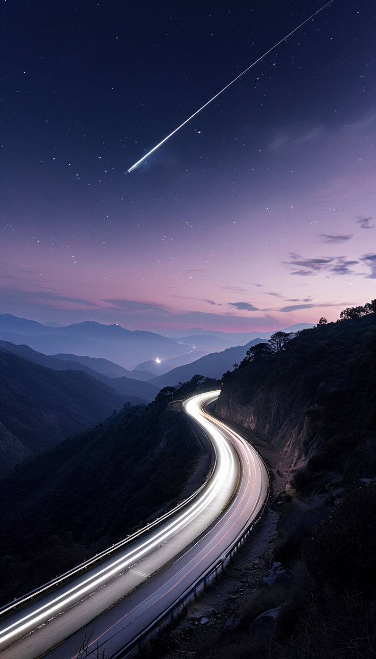 Serene Night Mountain Road with Shooting Star Mobile Wallpaper