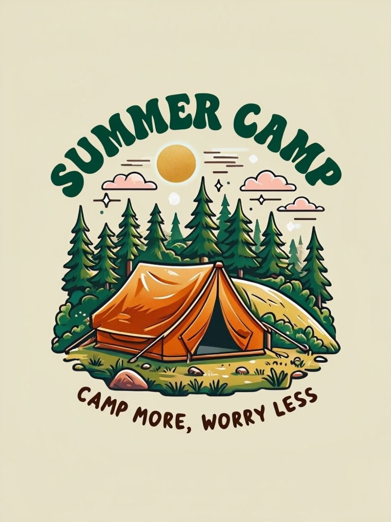 Playful Summer Camp Tent Adventure Cartoon T-Shirt