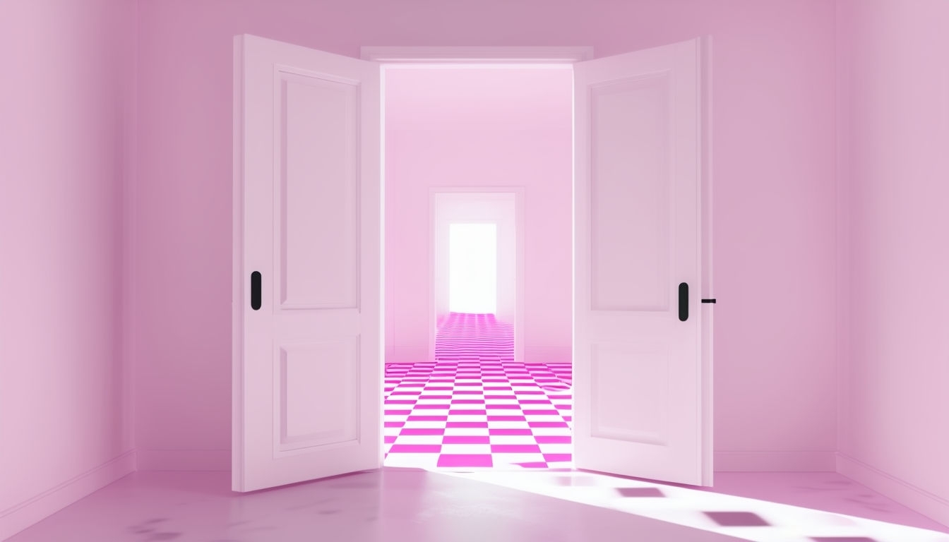 Surreal Open Doorway with Infinite Pink Checkered Floor Background