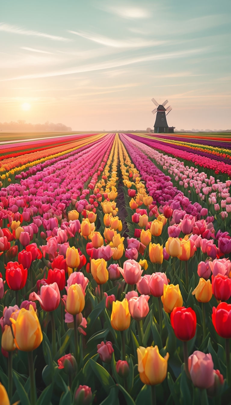 Vibrant Tulip Field Under Golden Sunlight Mobile Wallpaper