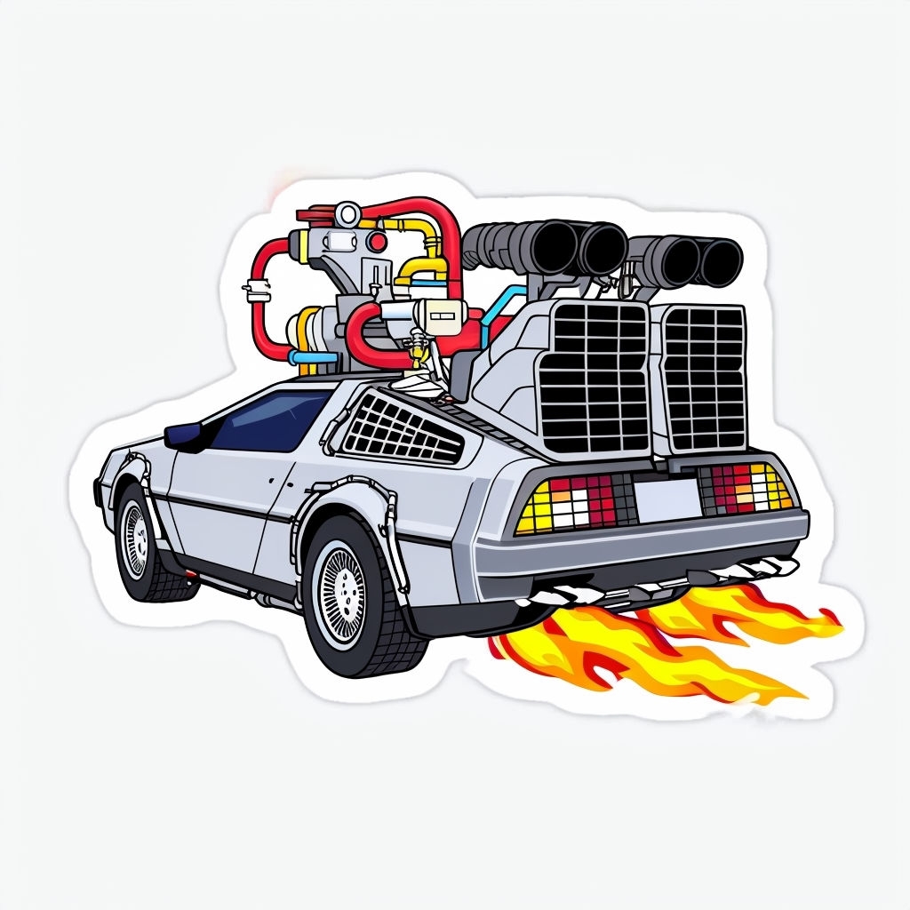 Cartoon DeLorean Time Machine Sticker with Flames and Tech Details