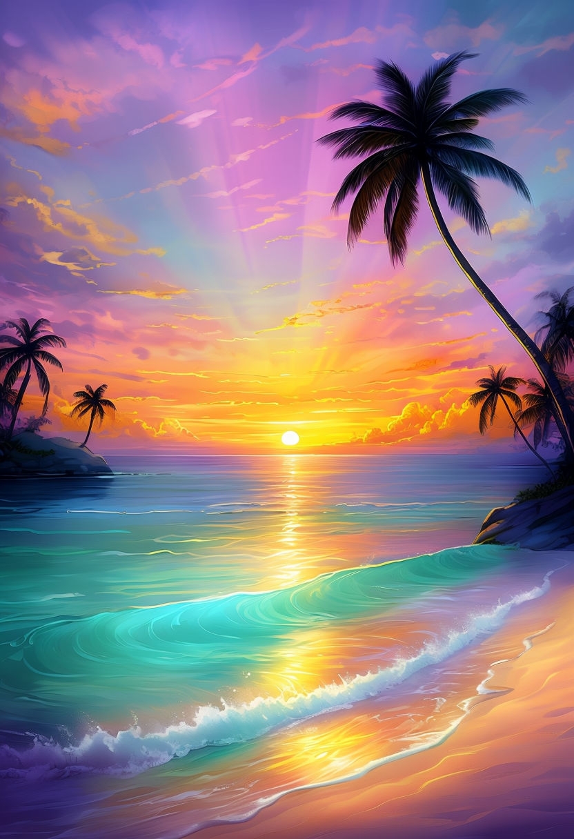 Tranquil Tropical Beach Sunset Digital Painting Mobile Wallpaper