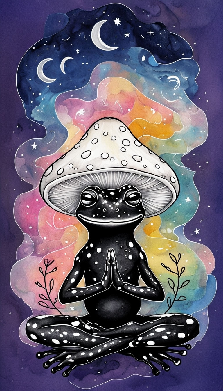Whimsical Black Frog Meditating Under Mushroom Phone Case Cover