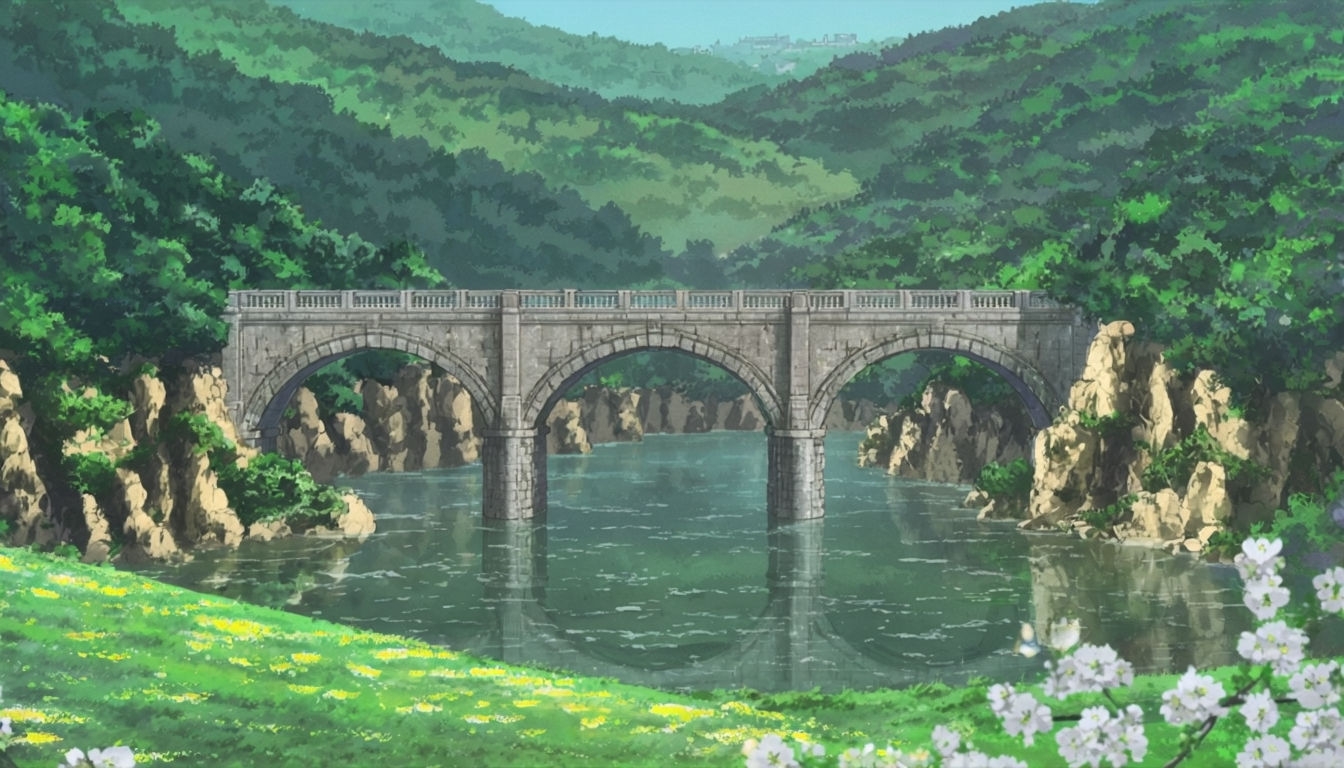 Serene Anime-Style Landscape with Stone Bridge Virtual Background
