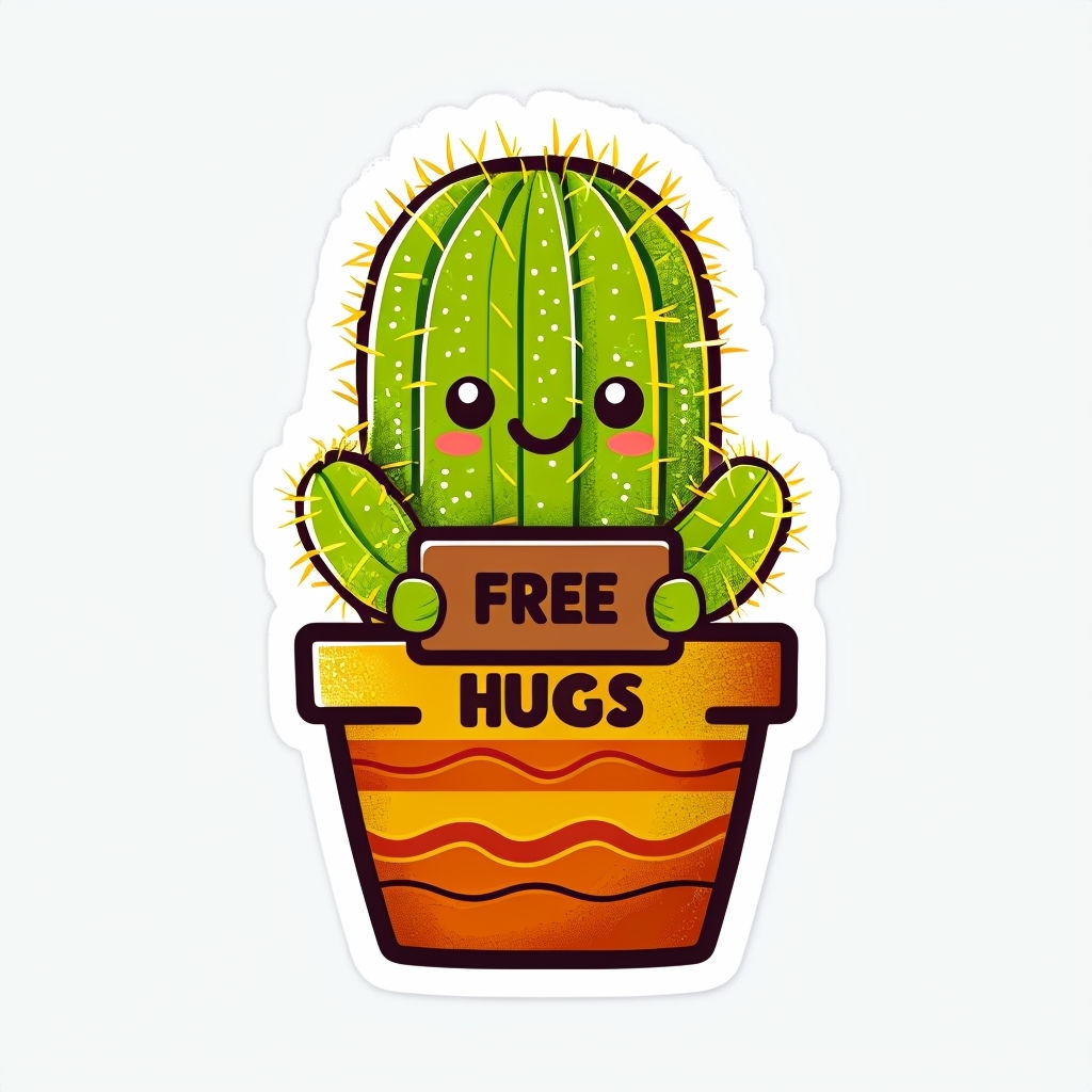 Cheerful Cartoon Cactus Offering Free Hugs Sticker