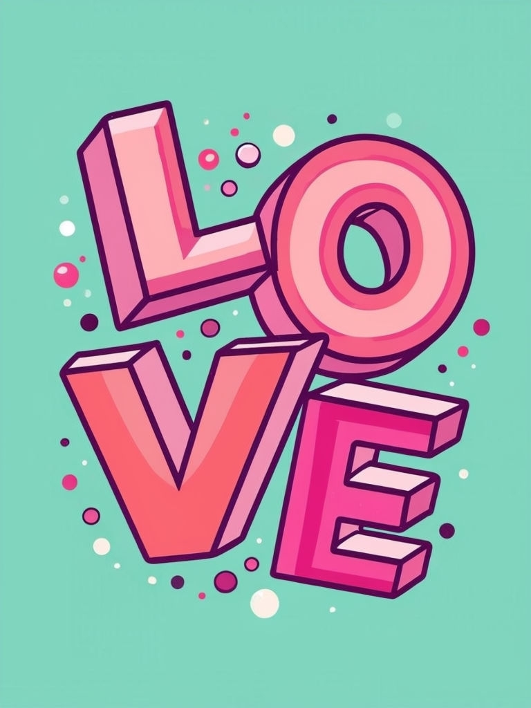 Colorful 3D LOVE Typography Art on Mint Green Background for Cards & Invites