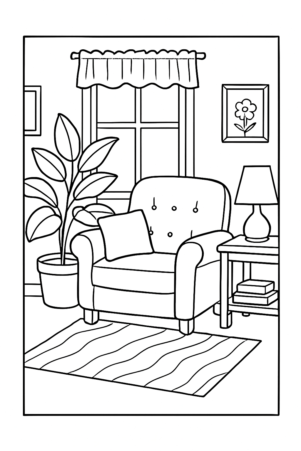 Cozy Armchair and Plant Living Room Corner Coloring Page