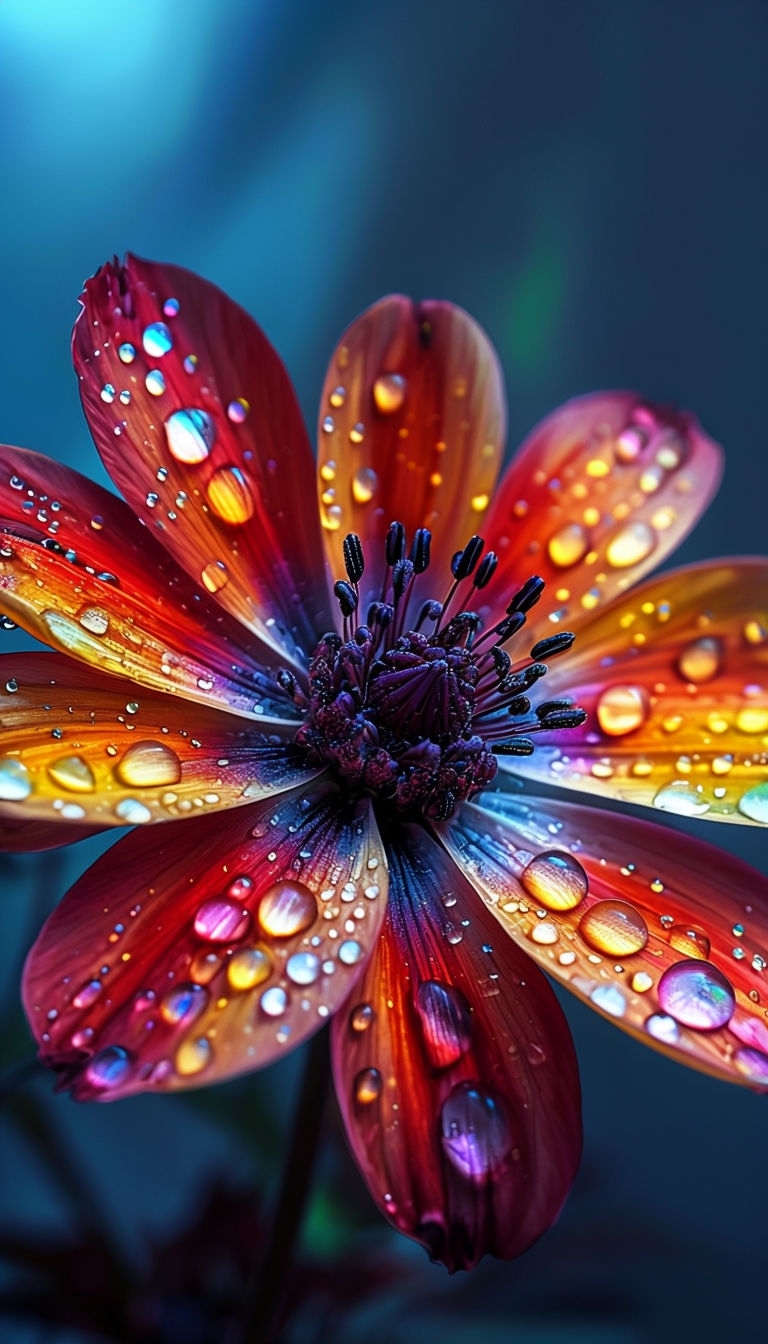 Vibrant Flower with Colorful Water Droplets Macro Art