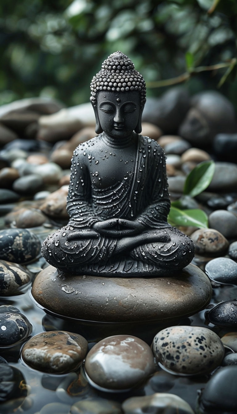 Serene Buddha Statue Among Polished Stones in Tranquil Waters Mobile Wallpaper