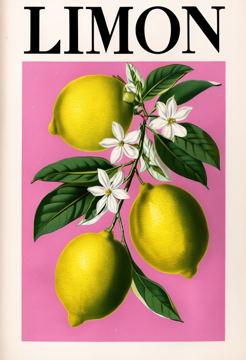 Vintage Botanical Limon Illustration with Lemons and Flowers Poster