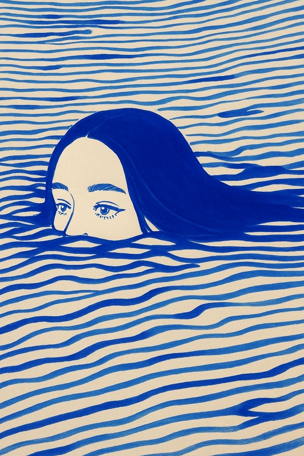 Surreal Navy Blue Stripes with Submerged Female Face Art