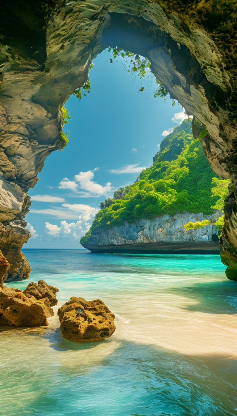 Serene Coastal Cave View Framing Tropical Beach Paradise Mobile Wallpaper