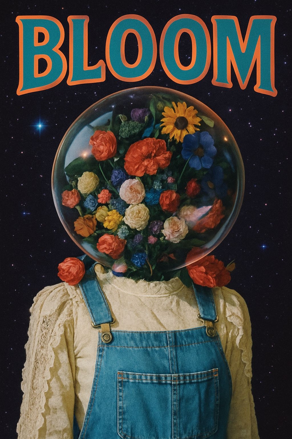 Whimsical Floral Helmet in Space with Bold Bloom Text Poster
