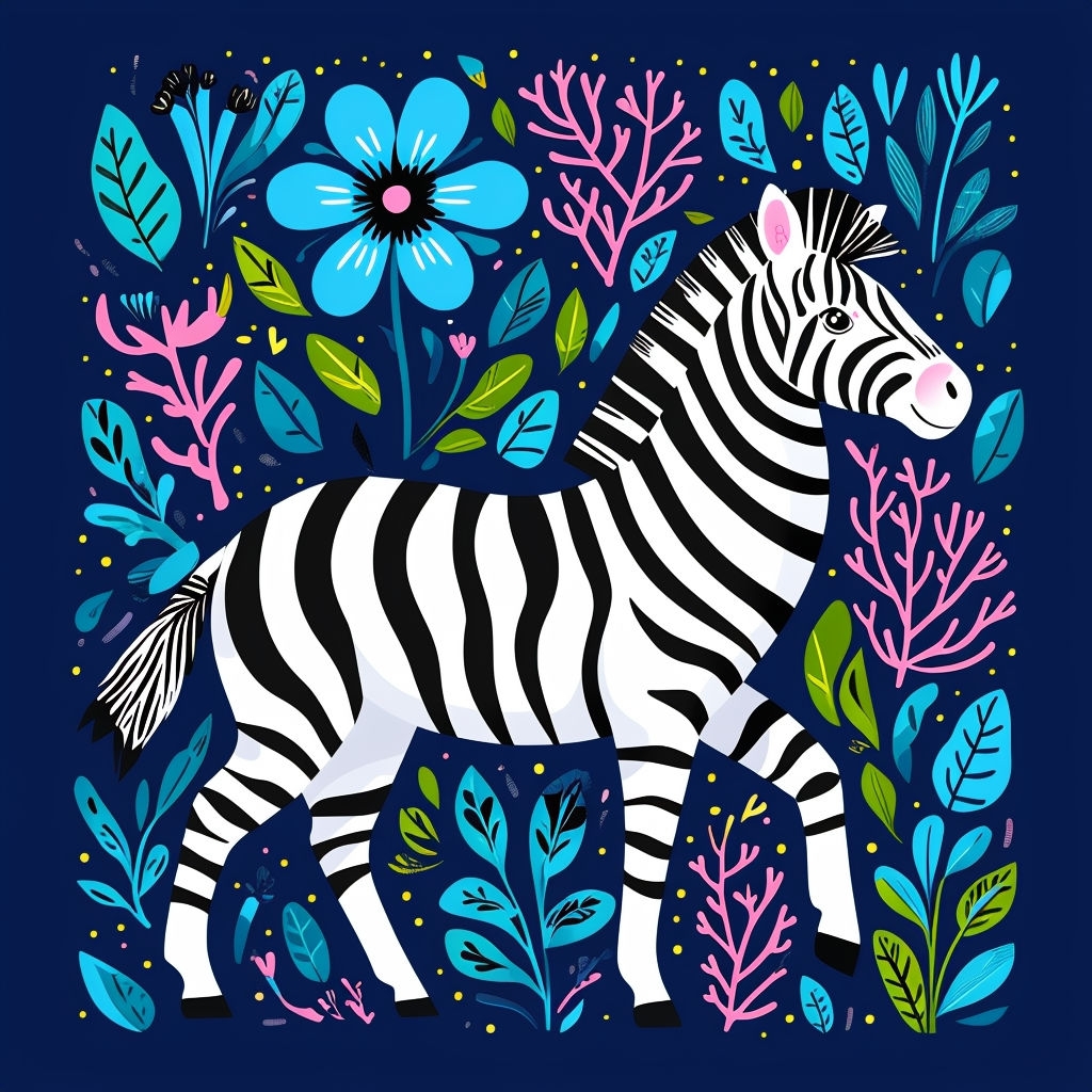 Whimsical Zebra with Colorful Floral Elements Seamless Pattern