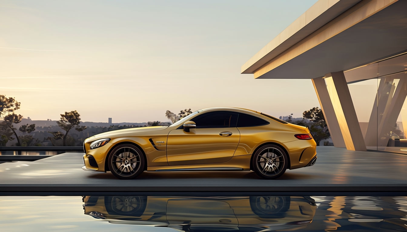 Luxurious Golden Mercedes-Benz Coupe at Sunset Virtual Background