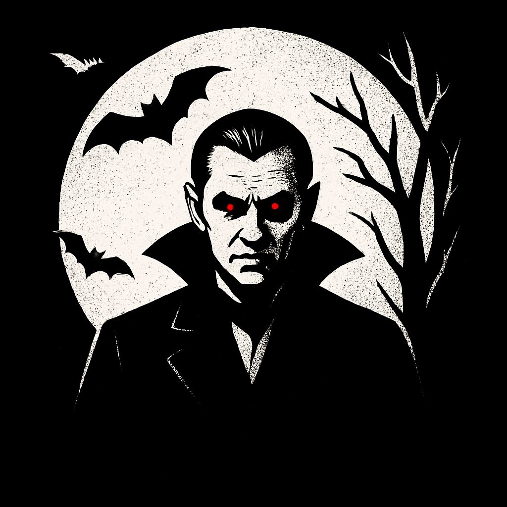 Gothic Dracula Illustration with Full Moon and Bats Art