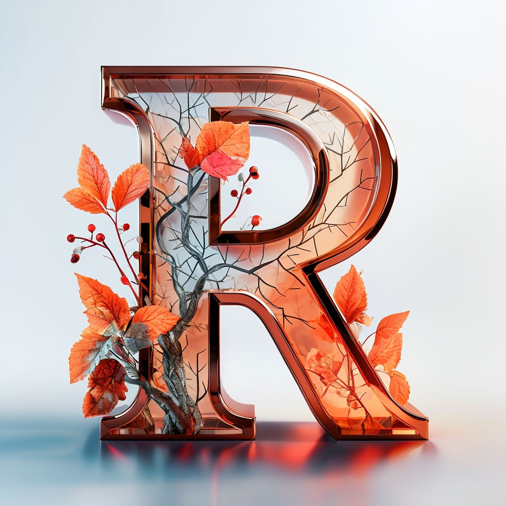 Futuristic Autumn Monogram R with Leaves and Branches Art