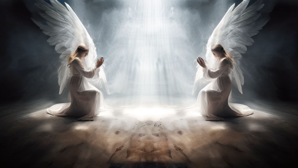 Angels kneeling in fear around a powerful being with open ha... by ...