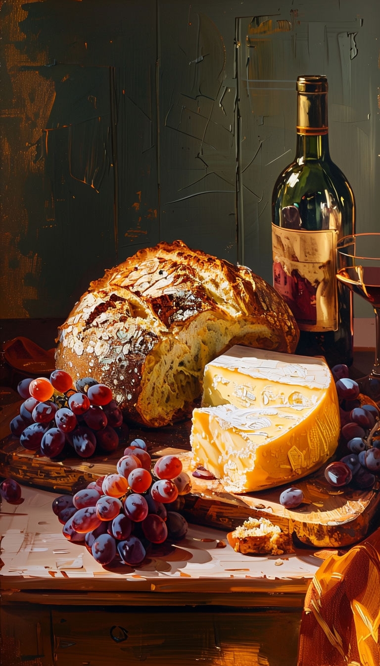 Rustic Still Life Oil Painting with Bread Cheese and Grapes Art