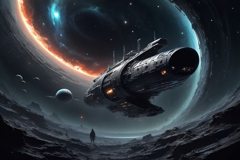 Prompt:  Dark sci-fi art masterpiece, space ship in space, black hole on back ground, delve, fusing derelict_beta inspirations from the artistic styles of Greg Rutkowski, Gabriel Pacheco, 