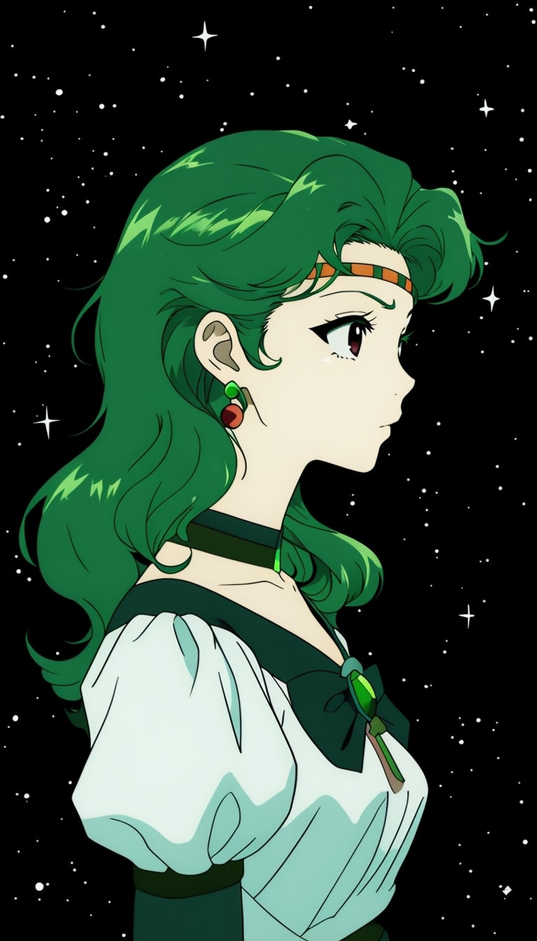 Emerald Green Anime Character with Starry Background Mobile Wallpaper