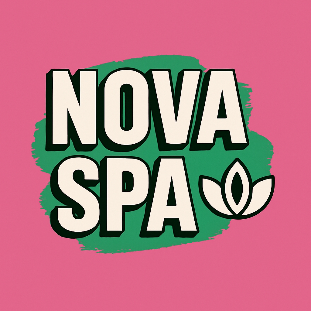 Vibrant NOVA SPA Logo with Green Paint Splash and Lotus Flower Logo