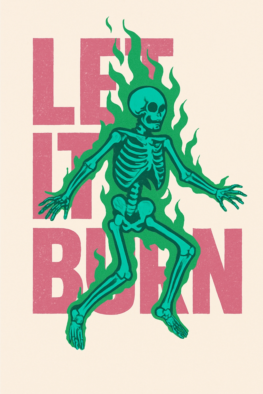 Teal Skeleton in Green Flames with LET IT BURN Typography T-Shirt